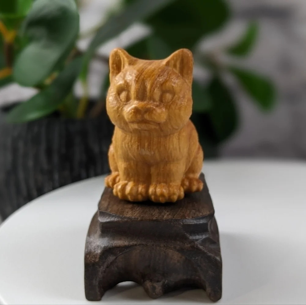 Wooden hand carved cat statue figurine sitting chonky fat ginger orange kitty - Picture 4 of 11